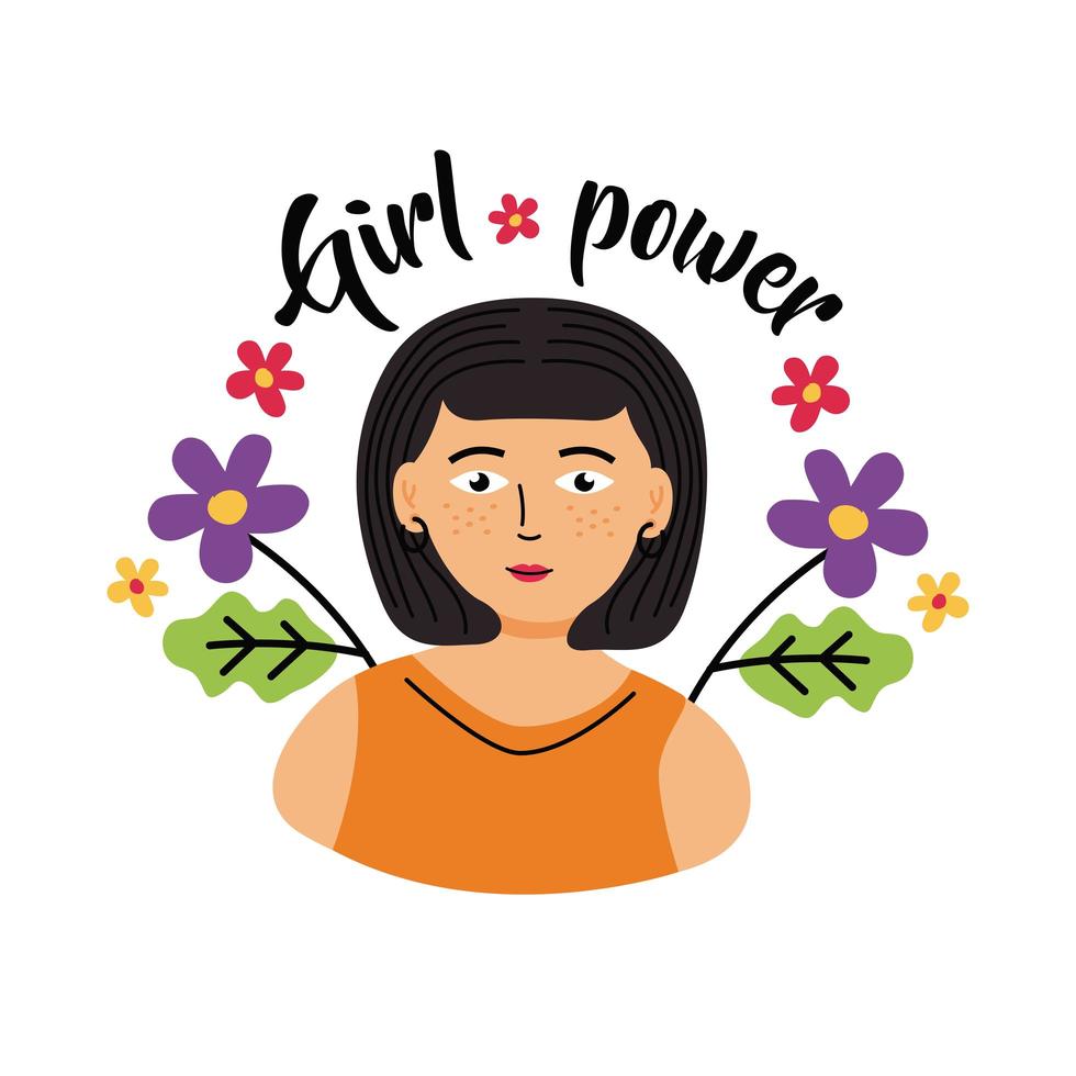 Dibujos animados de mujer de poder femenino con diseño de vector de flores