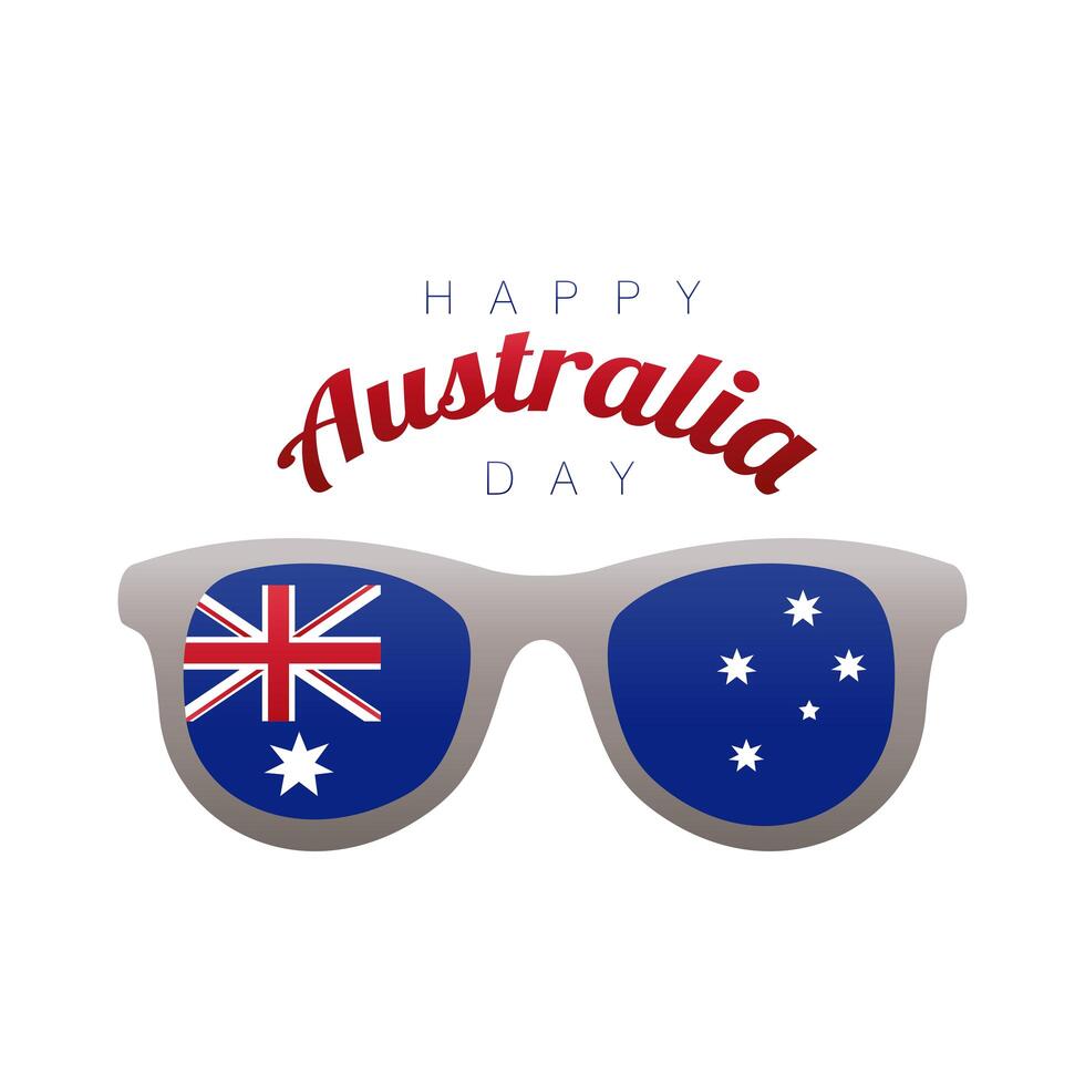 feliz día de australia letras con gafas de sol y decoración de bandera vector