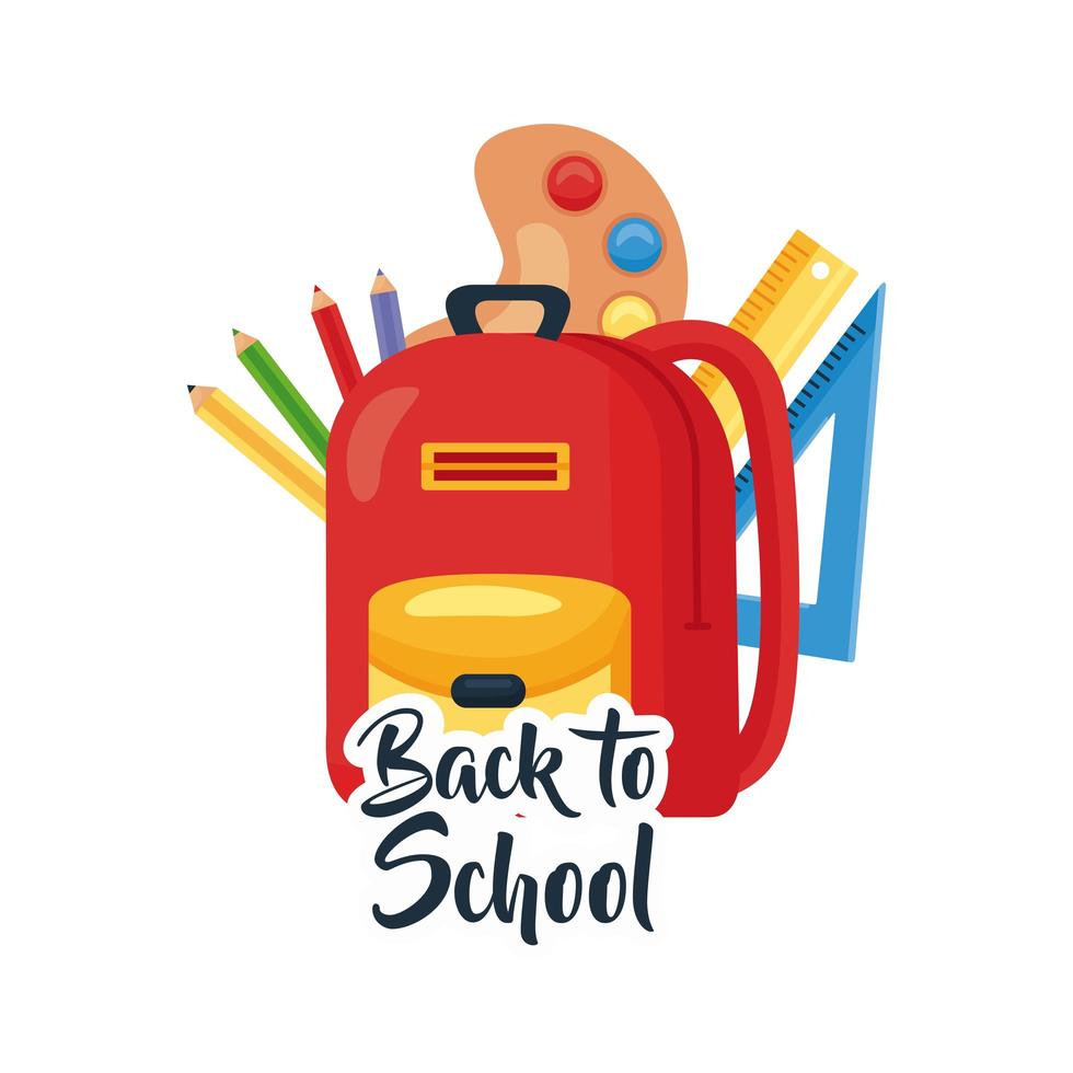 back to school lettering and backpack with school supplies vector