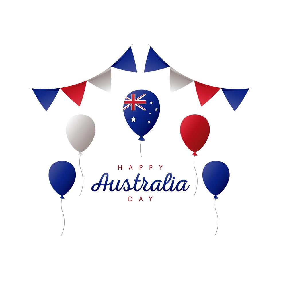 feliz día de australia letras con globos de helio y decoración de guirnaldas vector