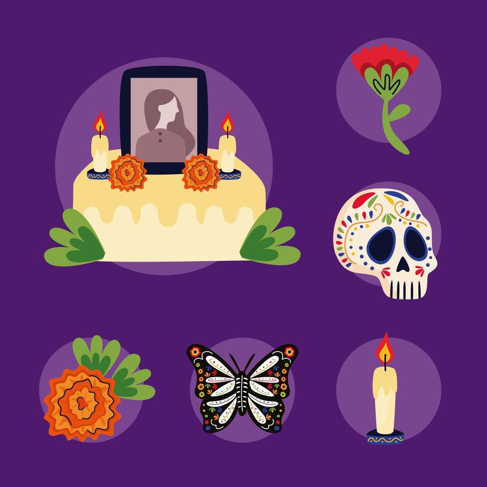 Altar mexicano del día de muertos con iconos de estilo plano vector