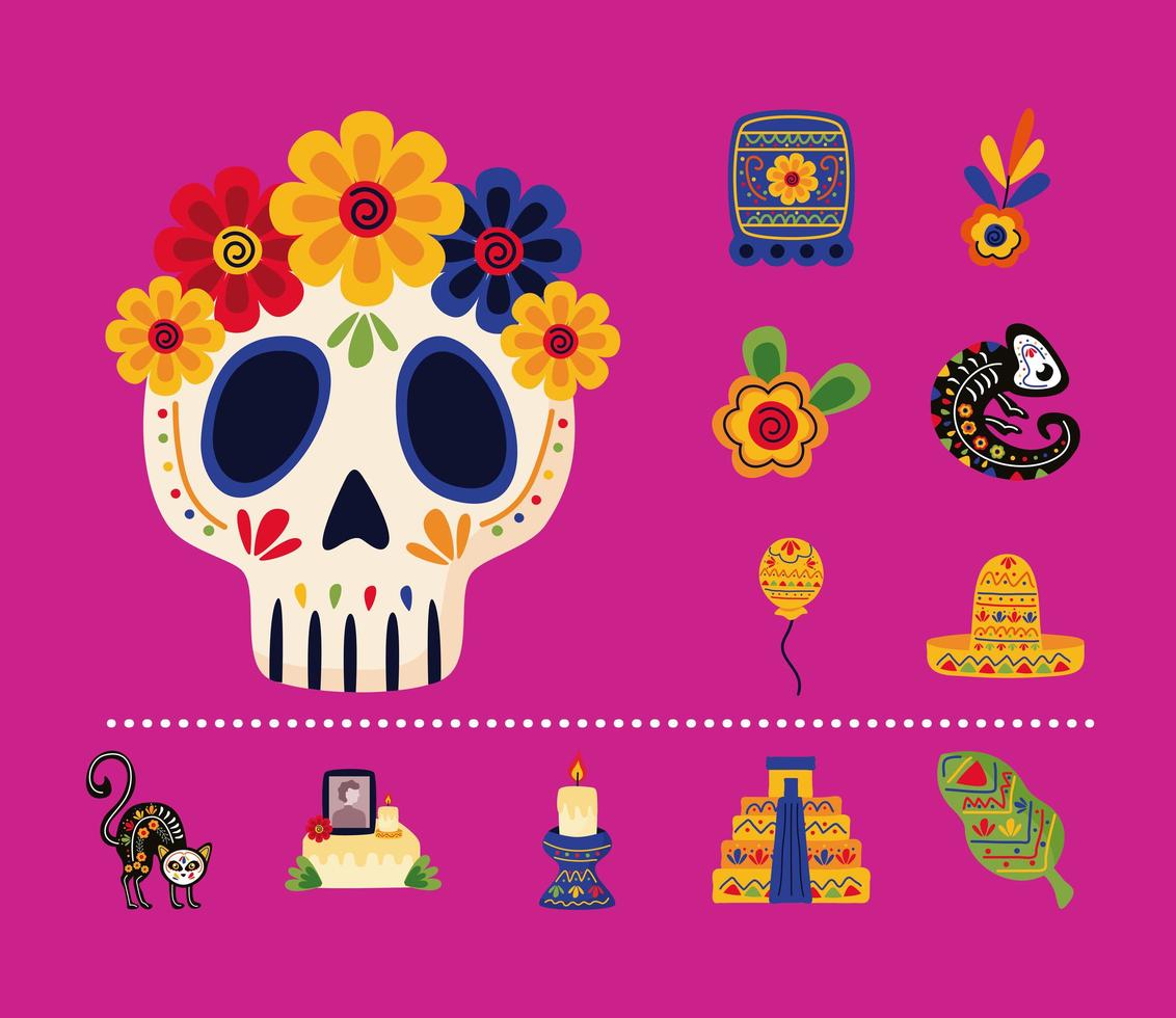 cráneo de cabeza mexicana con iconos de estilo plano vector