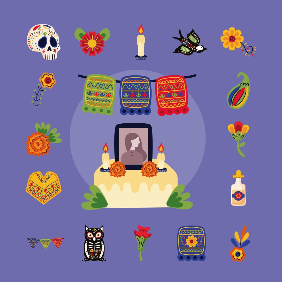 Altar mexicano del día de muertos con conjunto de iconos de estilo plano vector