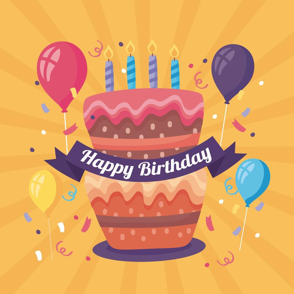 happy birthday poster with delicious cake and balloons helium decoration vector