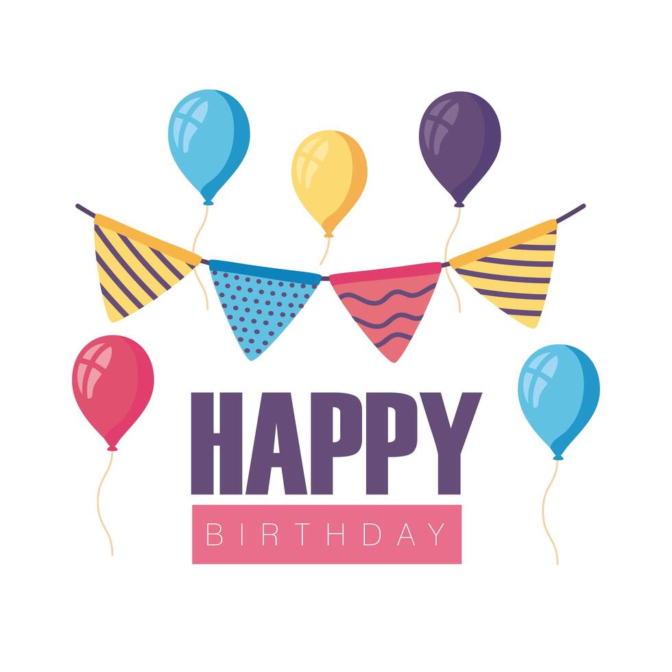 happy birthday badge with balloons helium and garlands hanging vector