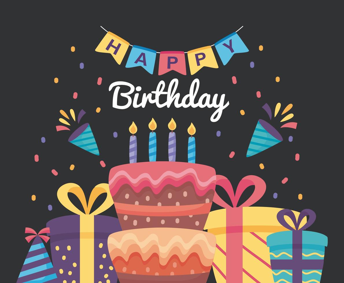 happy birthday poster with cake and gift boxes vector