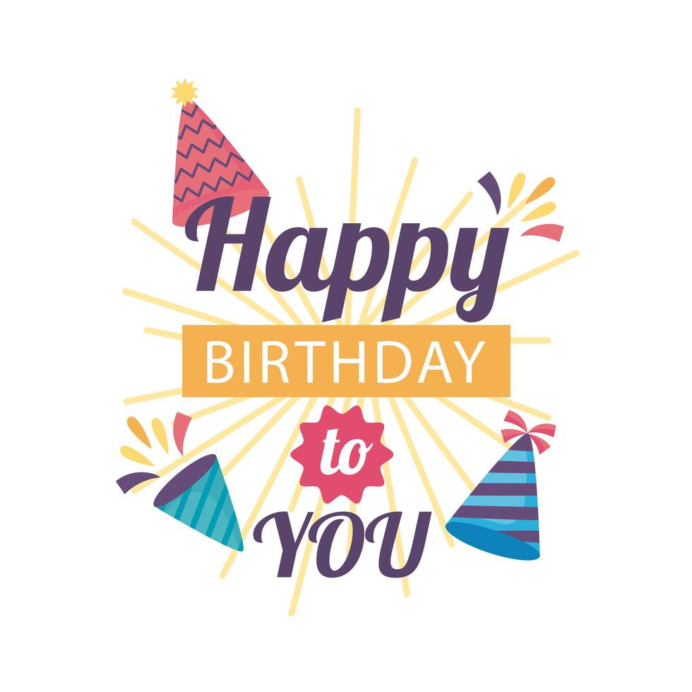 happy birthday badge with party hats on white background vector