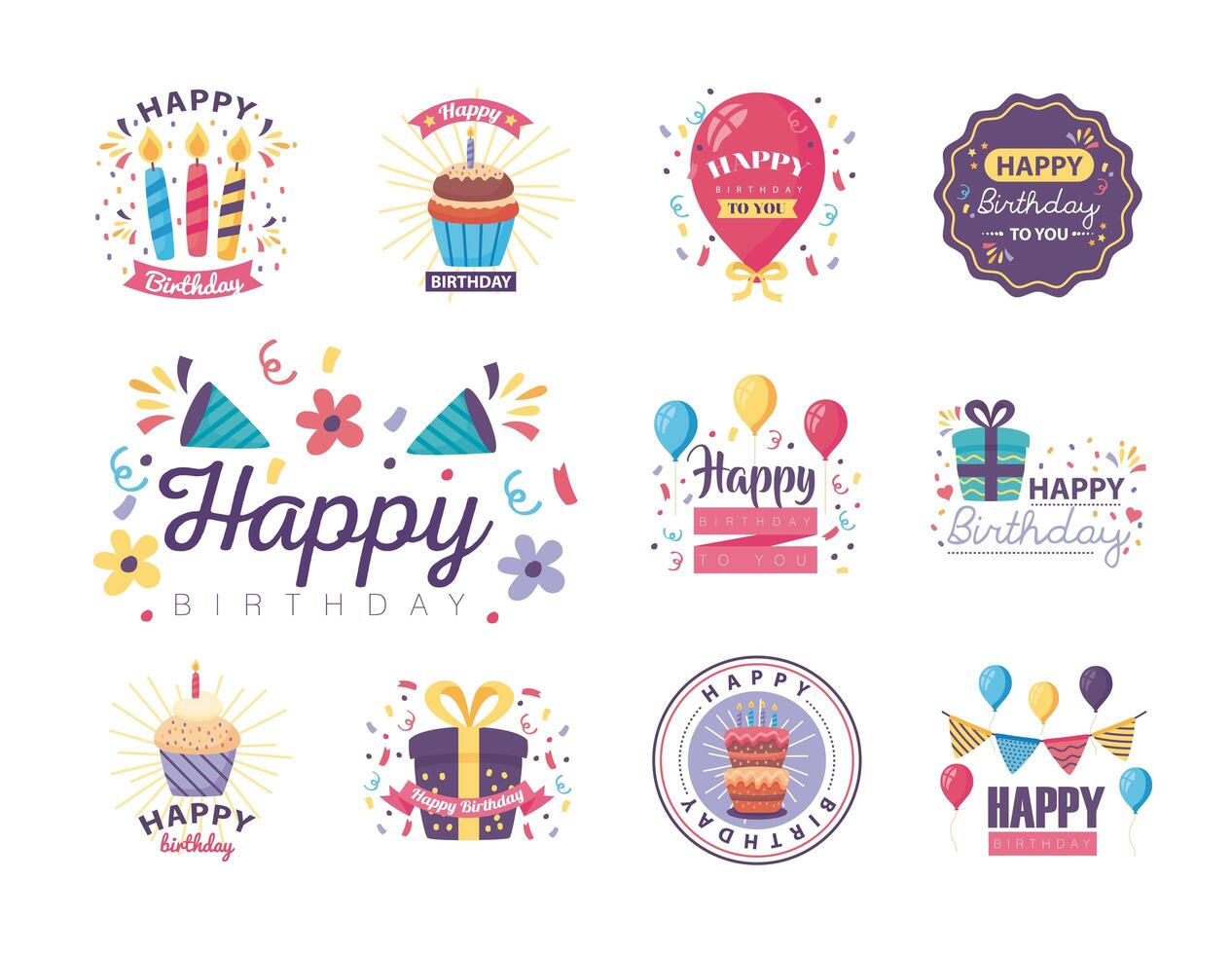 eleven badges happy birthday with decoration vector