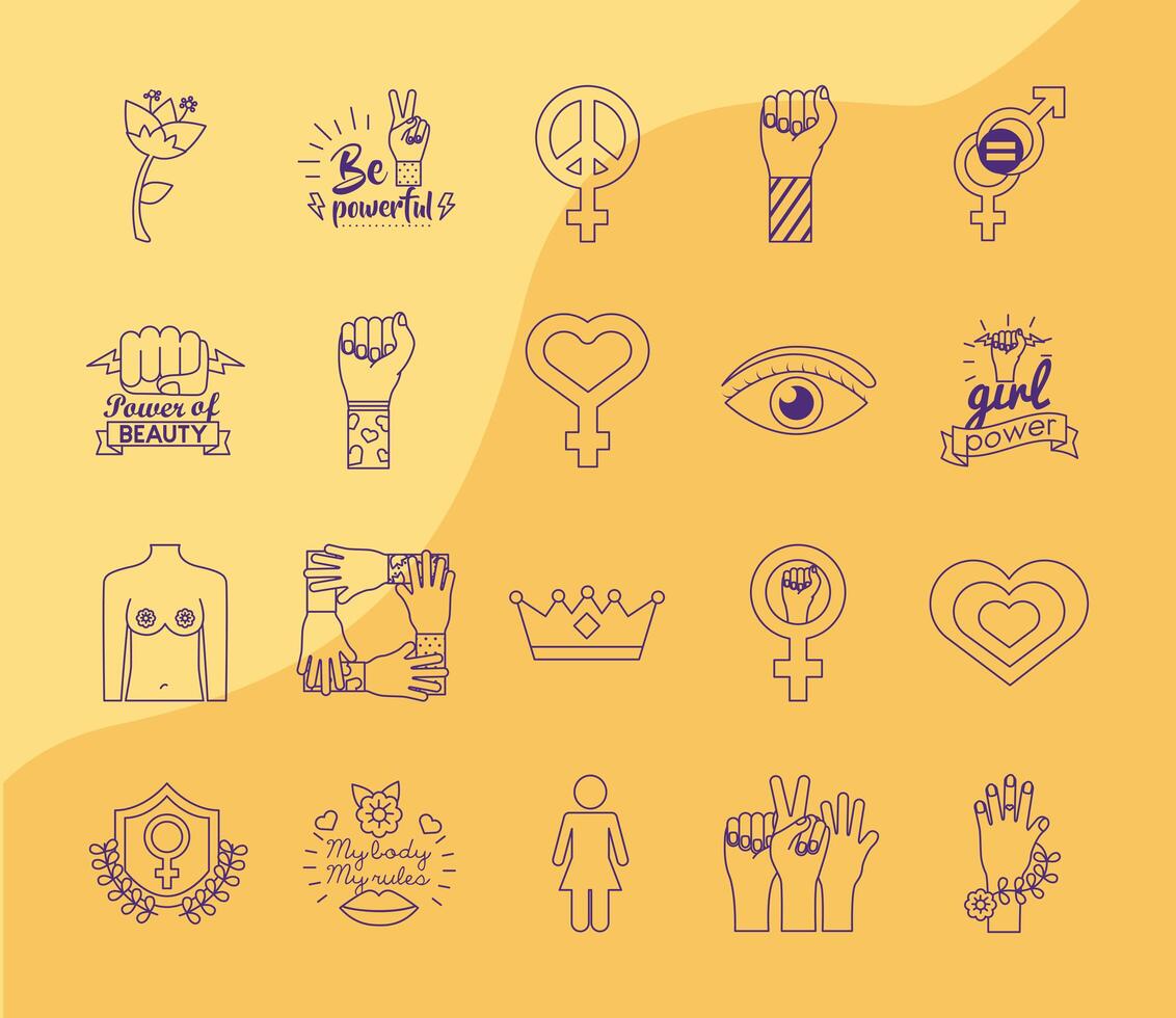bundle of feminism line style icons in yellow background vector