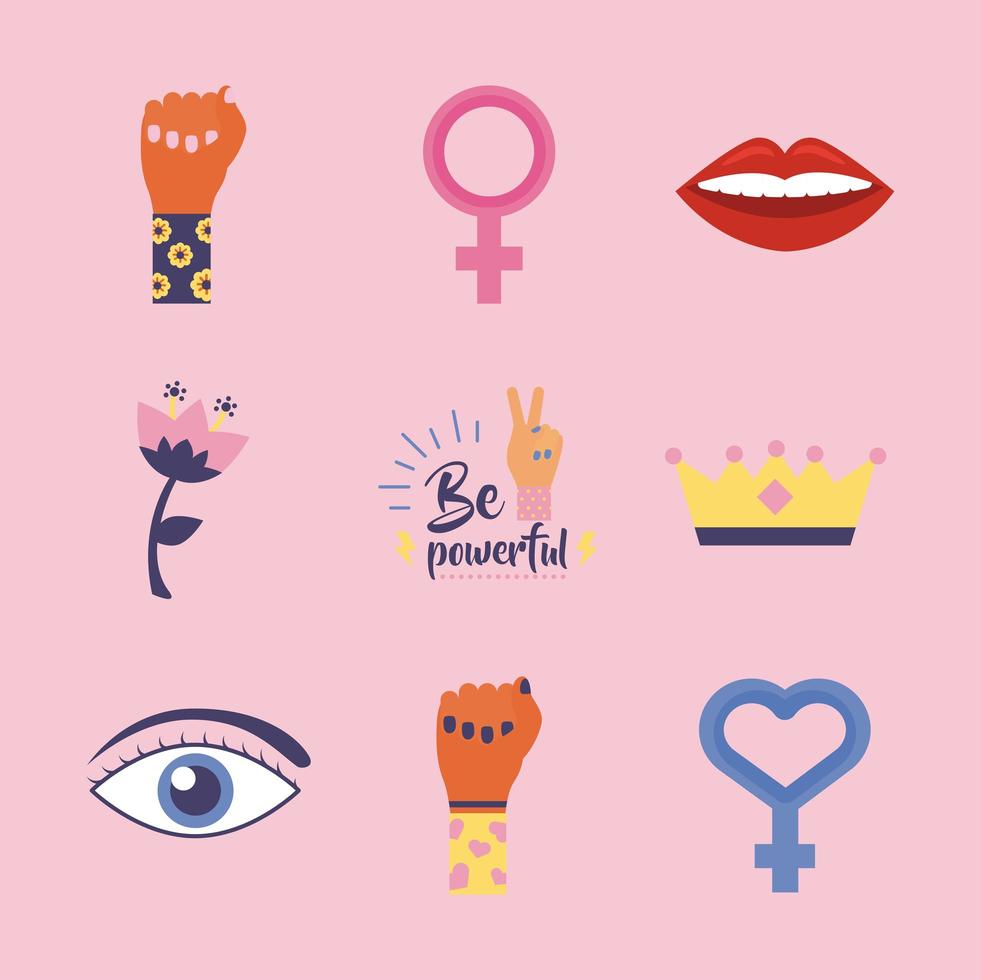 paquete de nueve iconos de estilo plano de feminismo vector