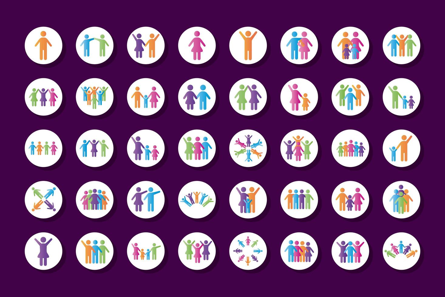 bundle of community and family figures in purple background degradient style icons vector