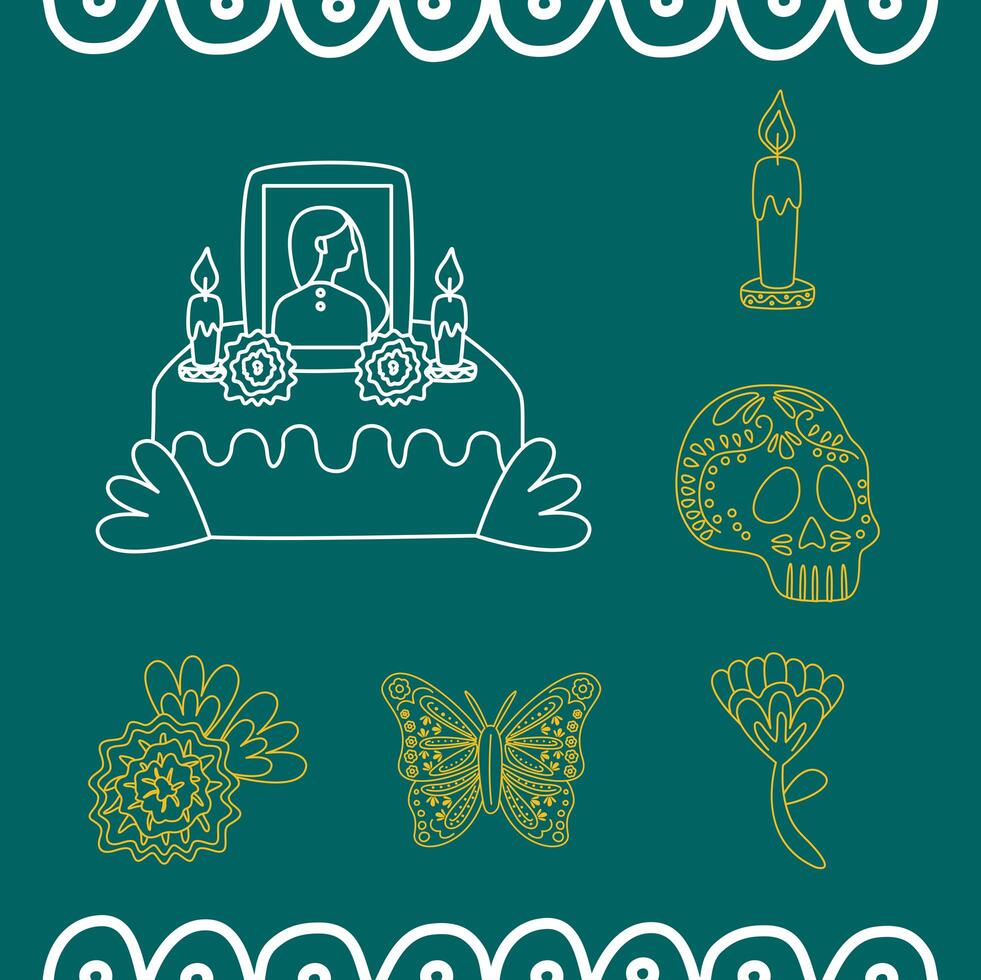 mexican altar of day of the dead with set line style icons vector