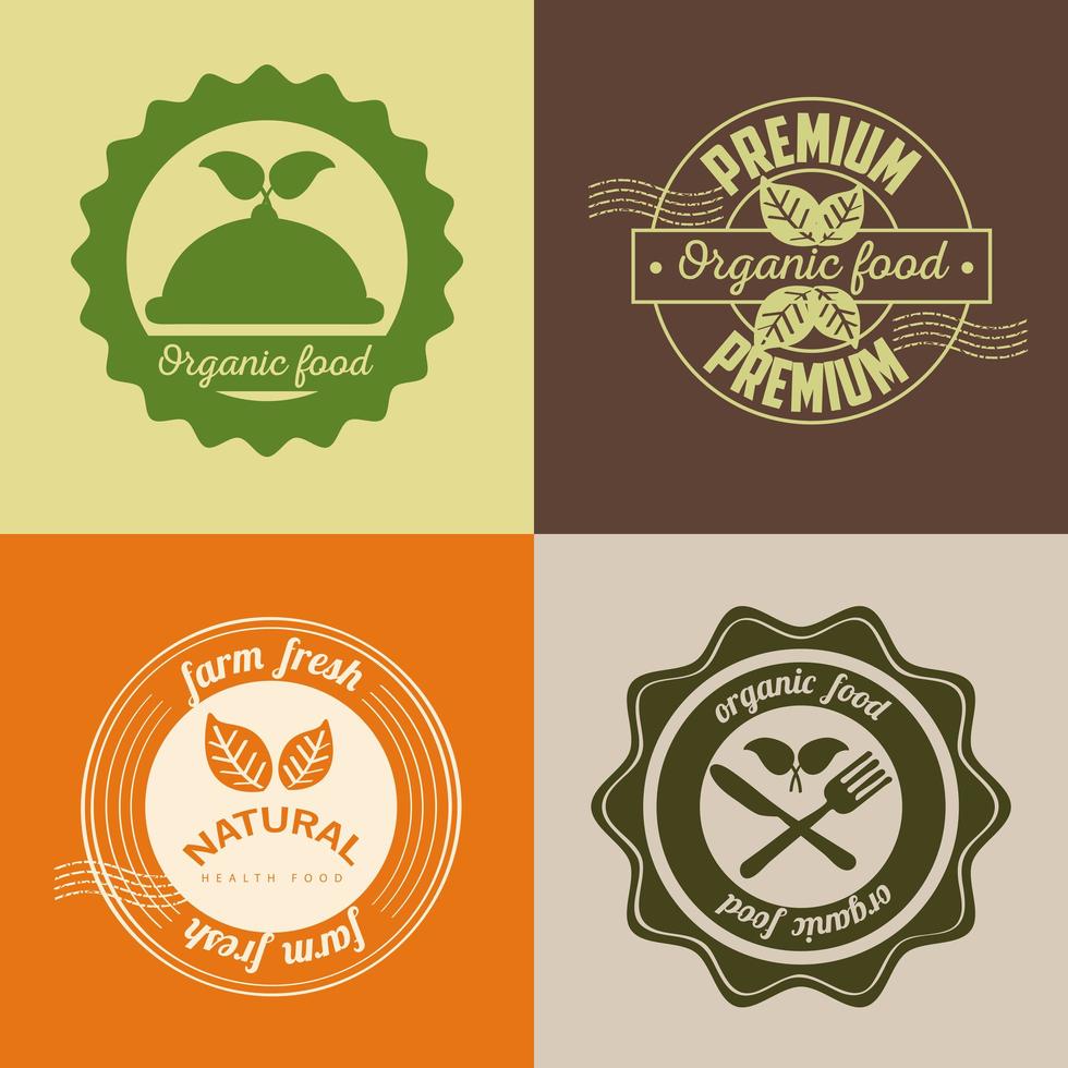 Conjunto de etiquetas de alimentos orgánicos e insignias con decoración. vector