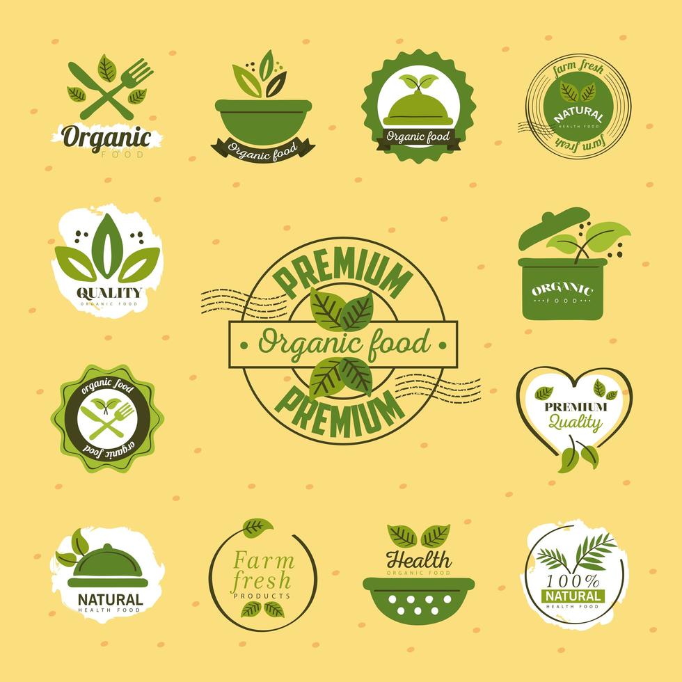 organic food set labels and badges on yellow background vector