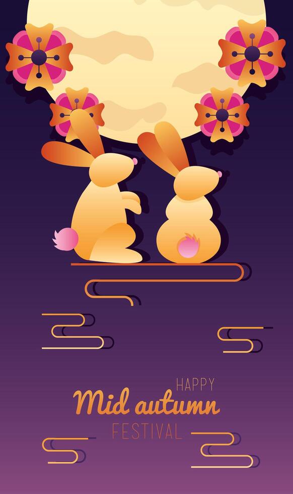happy mid autumn festival lettering poster with rabbits in fullmoon vector