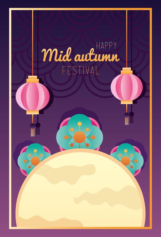 happy mid autumn festival lettering poster with moon and lantern vector