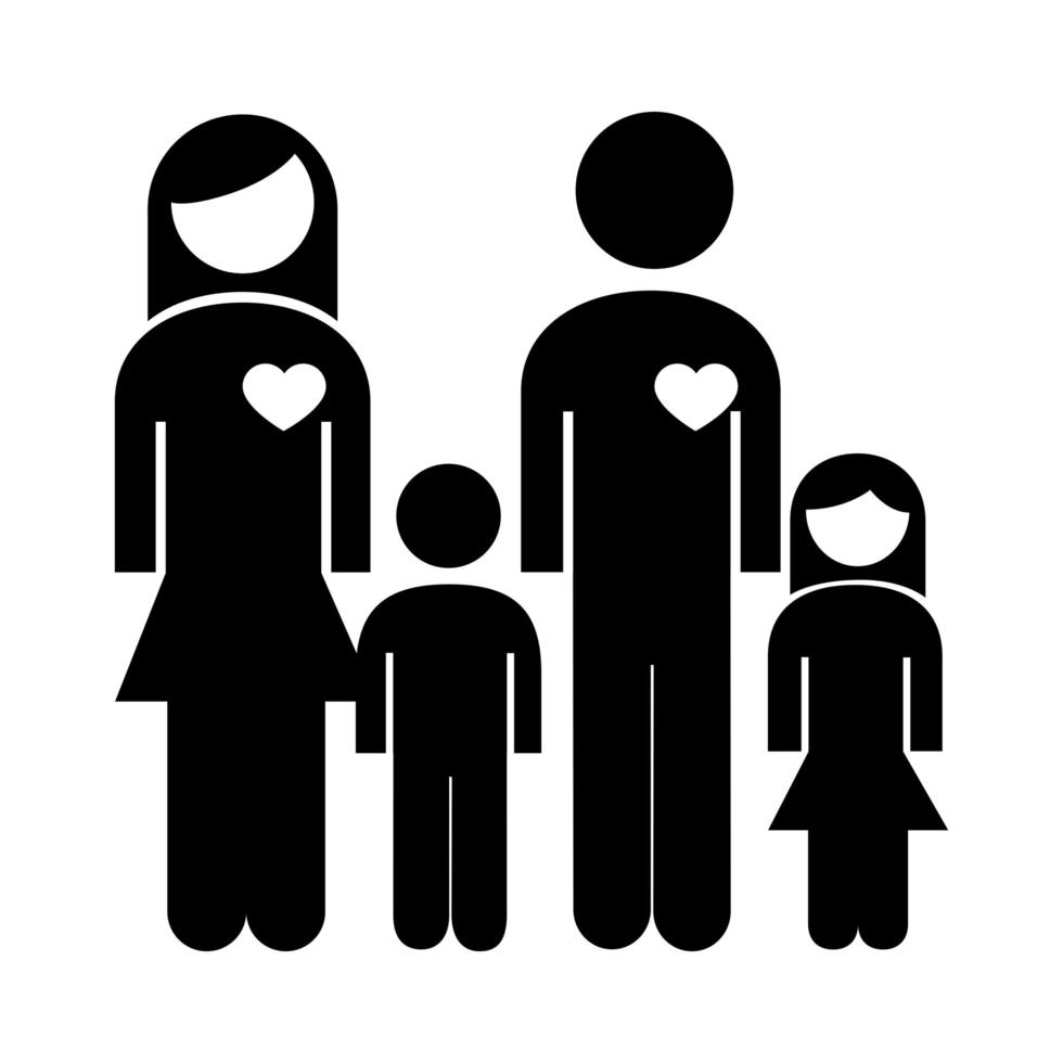 familia, padres, pareja, con, niños, y, corazones, figuras, estilo, silueta, icono vector