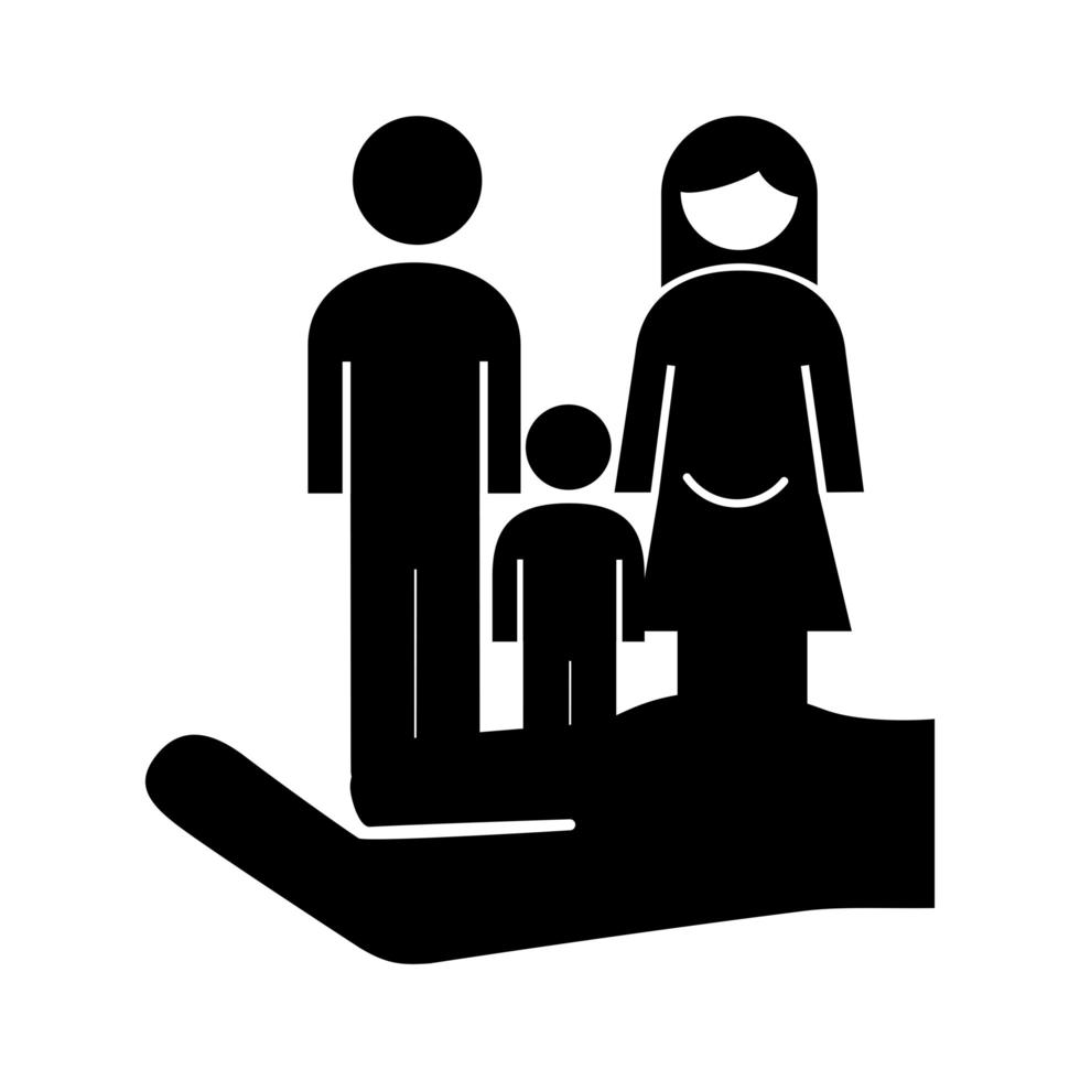 mano levantando familia padres pareja con hijo figuras silueta estilo icono vector