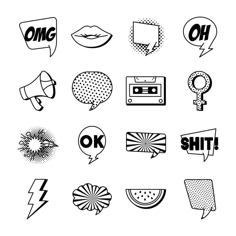 bundle of sixteen pop art set collection icons vector