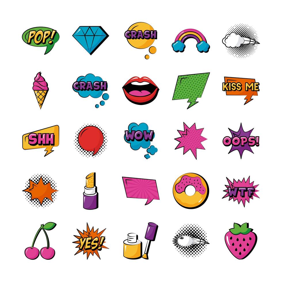 paquete de veinticinco iconos de colección de conjunto de arte pop vector