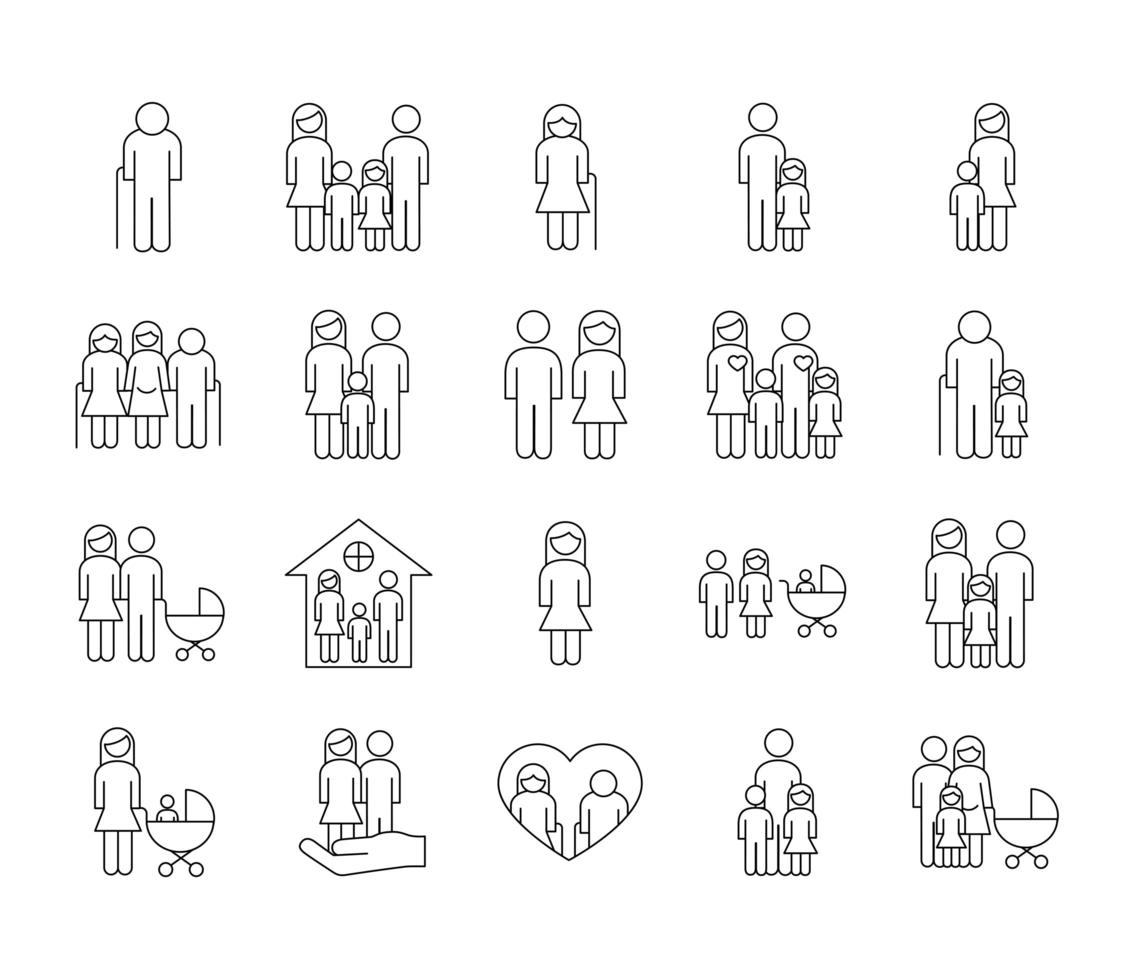 bundle of twenty family parents set icons vector