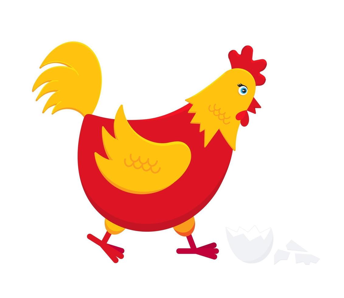 Pollo amarillo y rojo con ilustración de vector de diseño de estilo plano de huevo roto