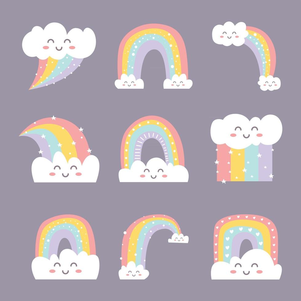conjunto de iconos de personaje de doodle lindo arco iris vector