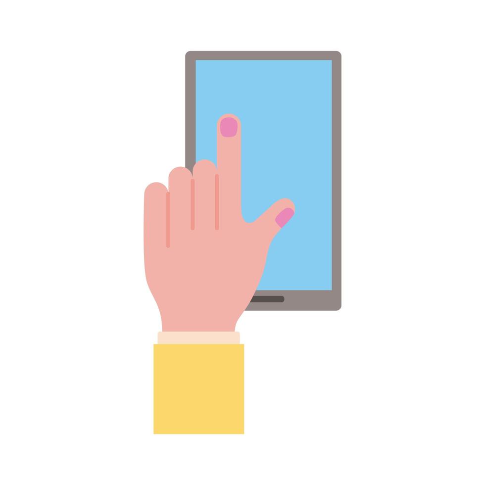 mano femenina tocando el icono de estilo plano de la pantalla del teléfono inteligente vector