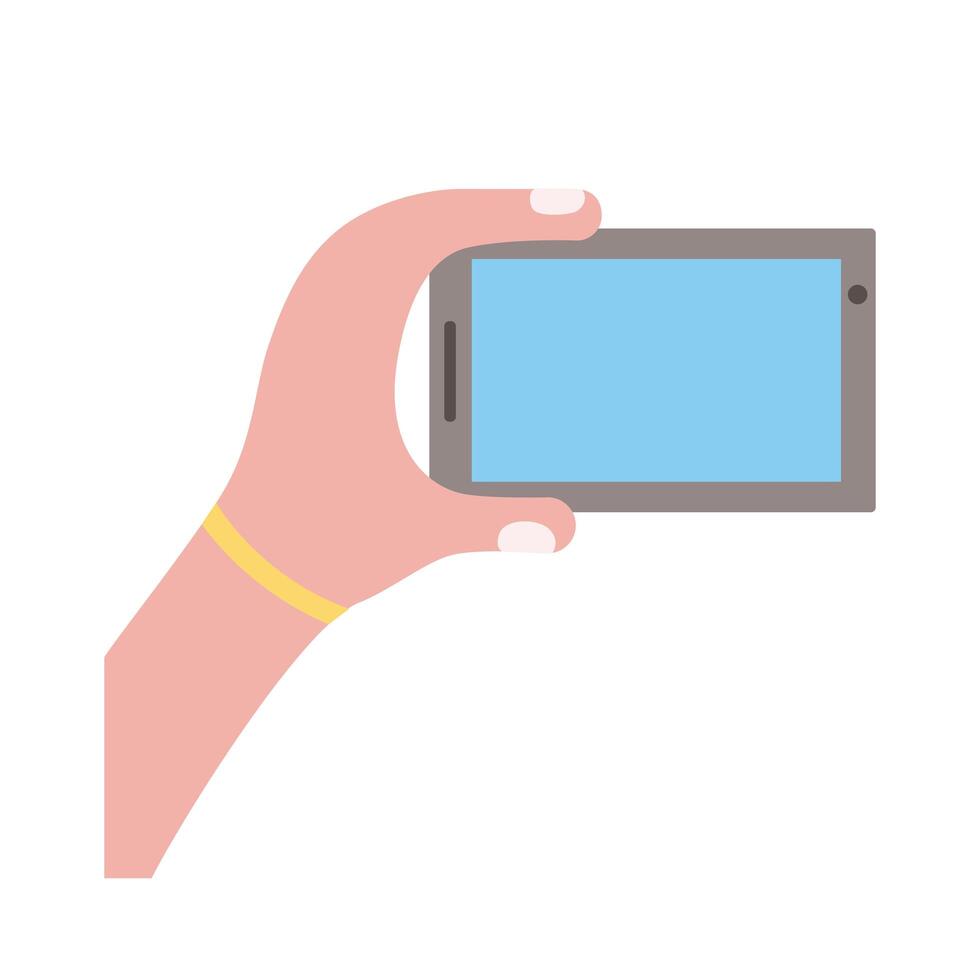 hand lifting smartphone horizontally flat style icon vector