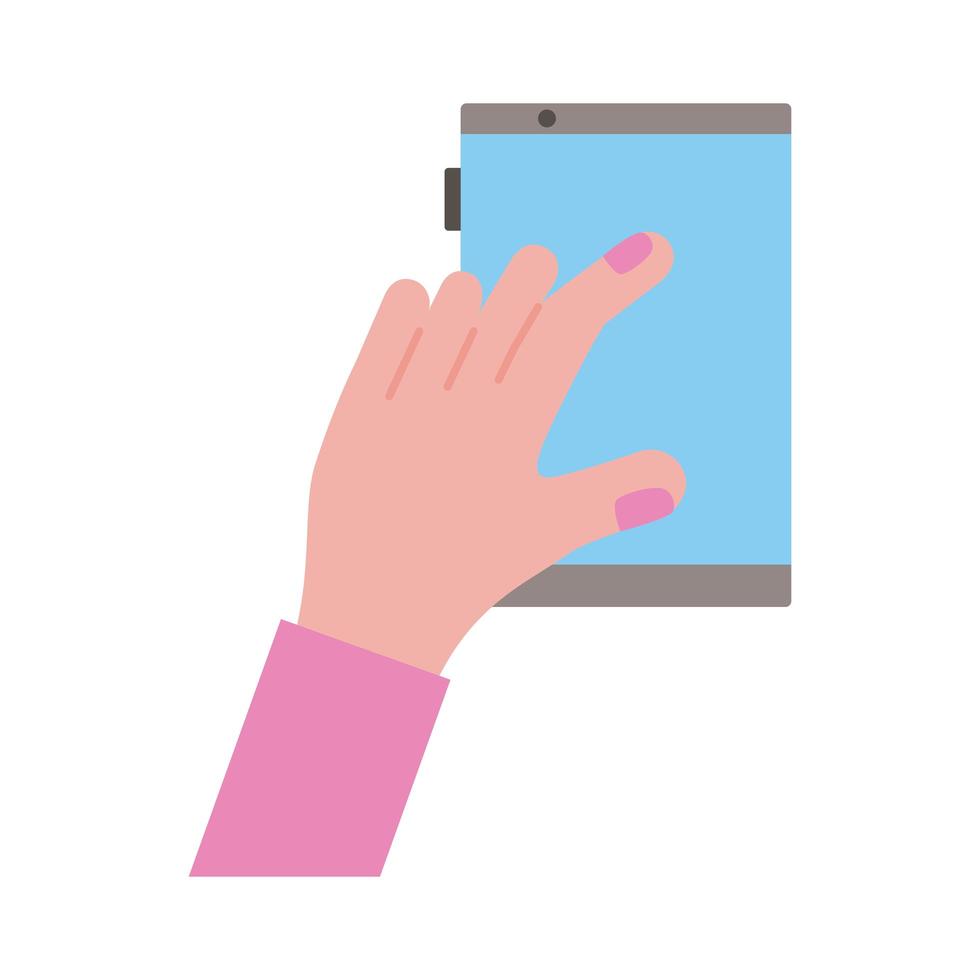 mano femenina tocando el icono de estilo plano de la pantalla del teléfono inteligente vector