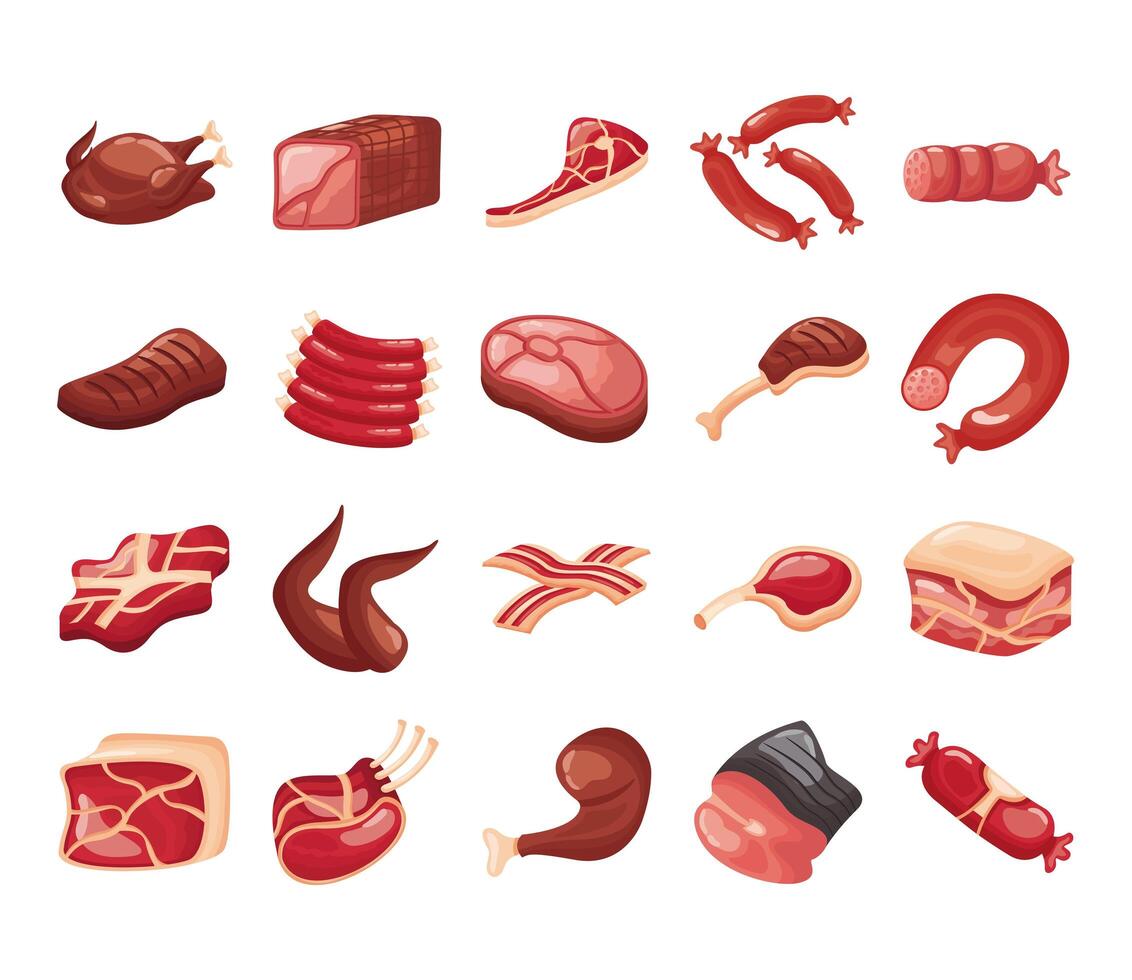 bundle of meat cuts set icons vector