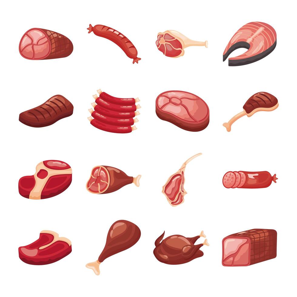 bundle of meat cuts set icons vector