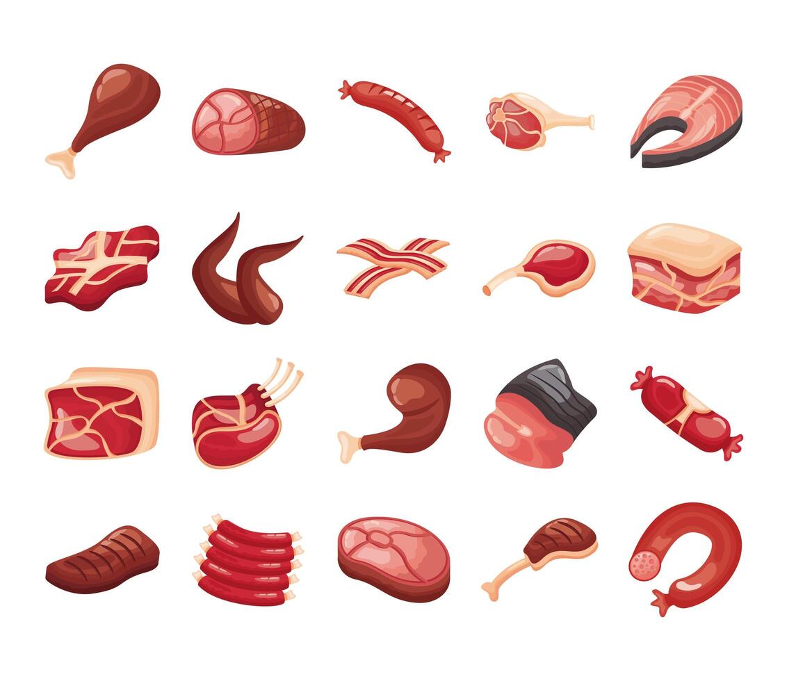 bundle of meat cuts set icons vector