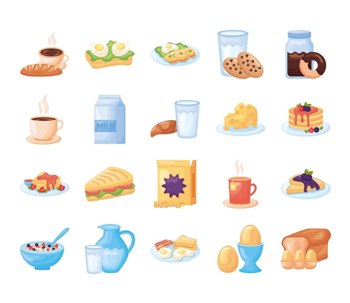 bundle of breakfast food set icons vector