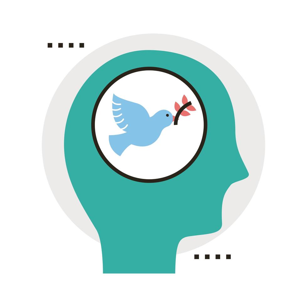 profile thinking in peace dove with olive branch flying line and fill style icon vector