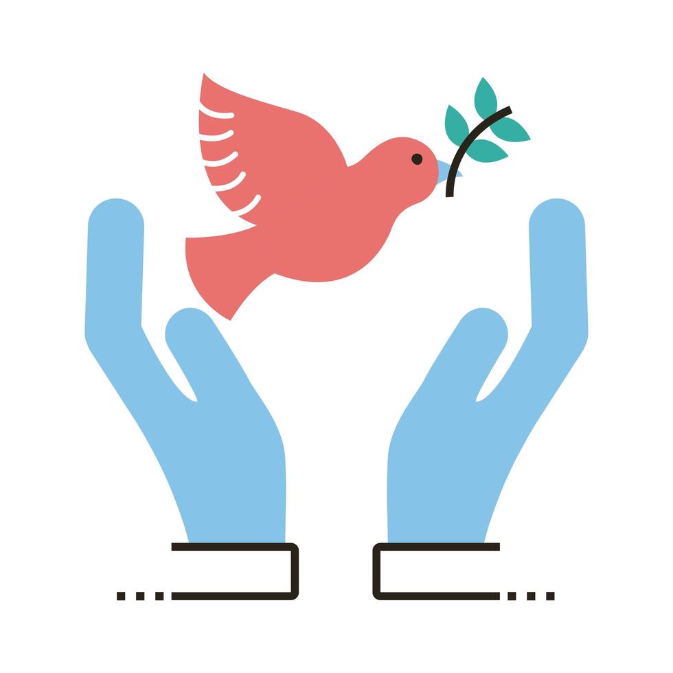 manos protegiendo la paloma de la paz con la línea de vuelo de la rama de olivo y el icono de estilo de relleno vector