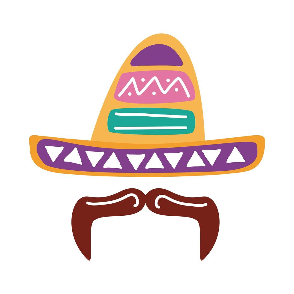 sombrero mexicano tradicional con bigote estilo plano vector