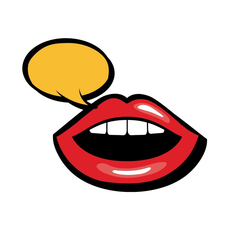 Pop art mouth speaking with speech bubble fill style icon vector