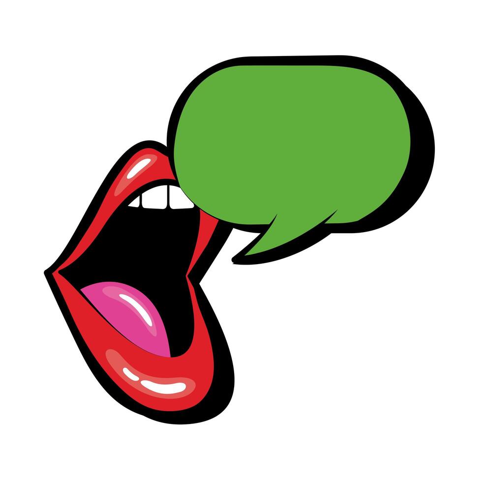 Pop art mouth speaking with speech bubble fill style icon vector