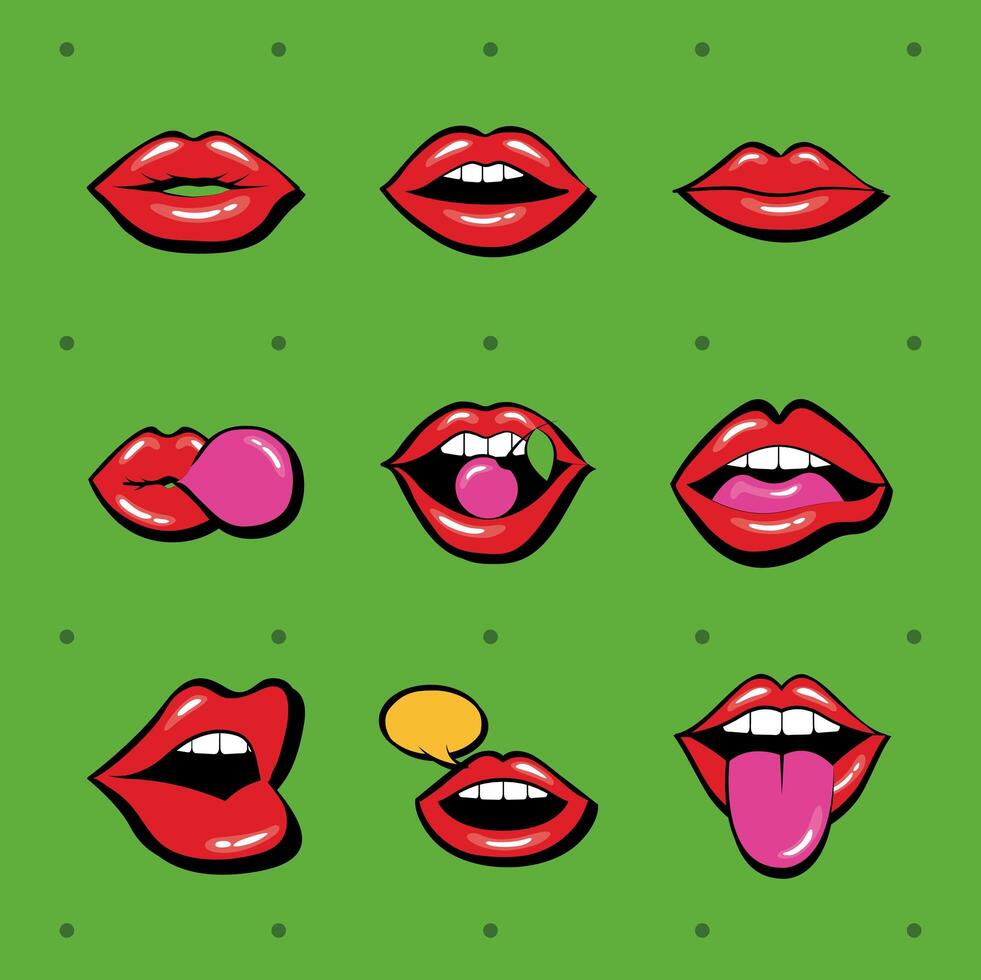 Paquete de nueve bocas y labios establecer iconos en fondo verde vector