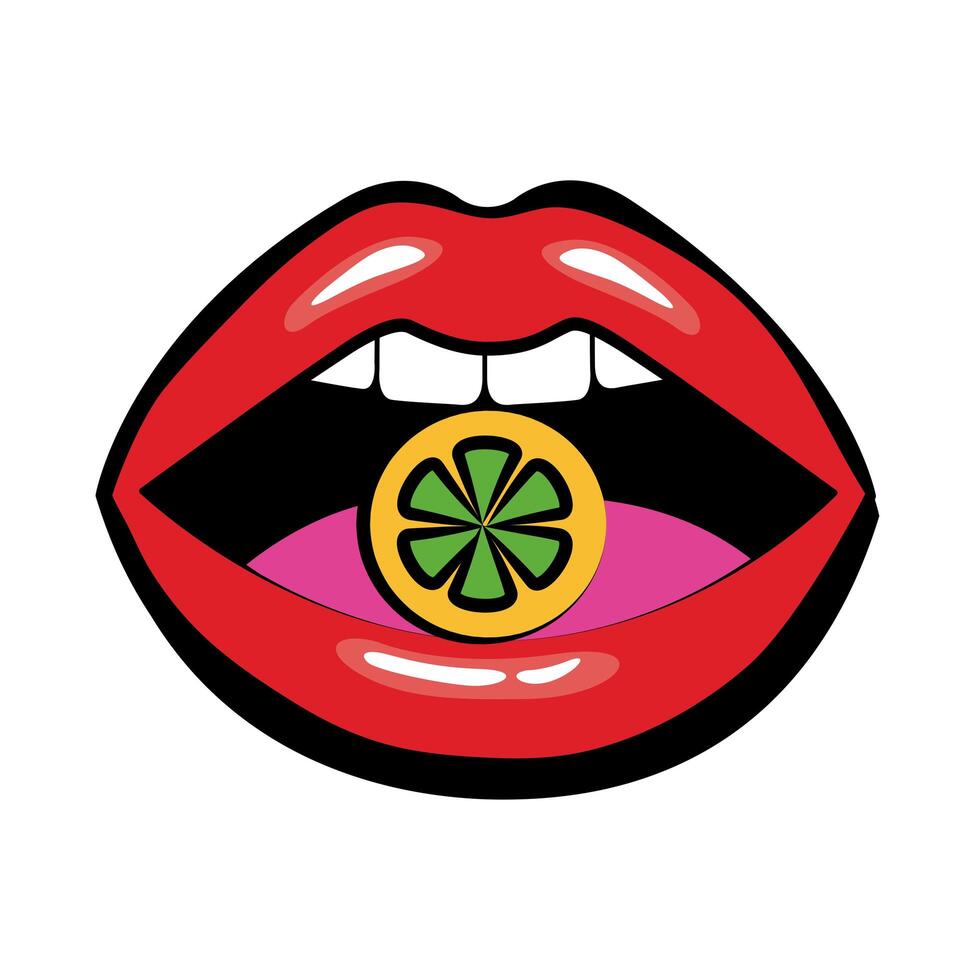 Pop art mouth eating sweet candy fill style icon vector