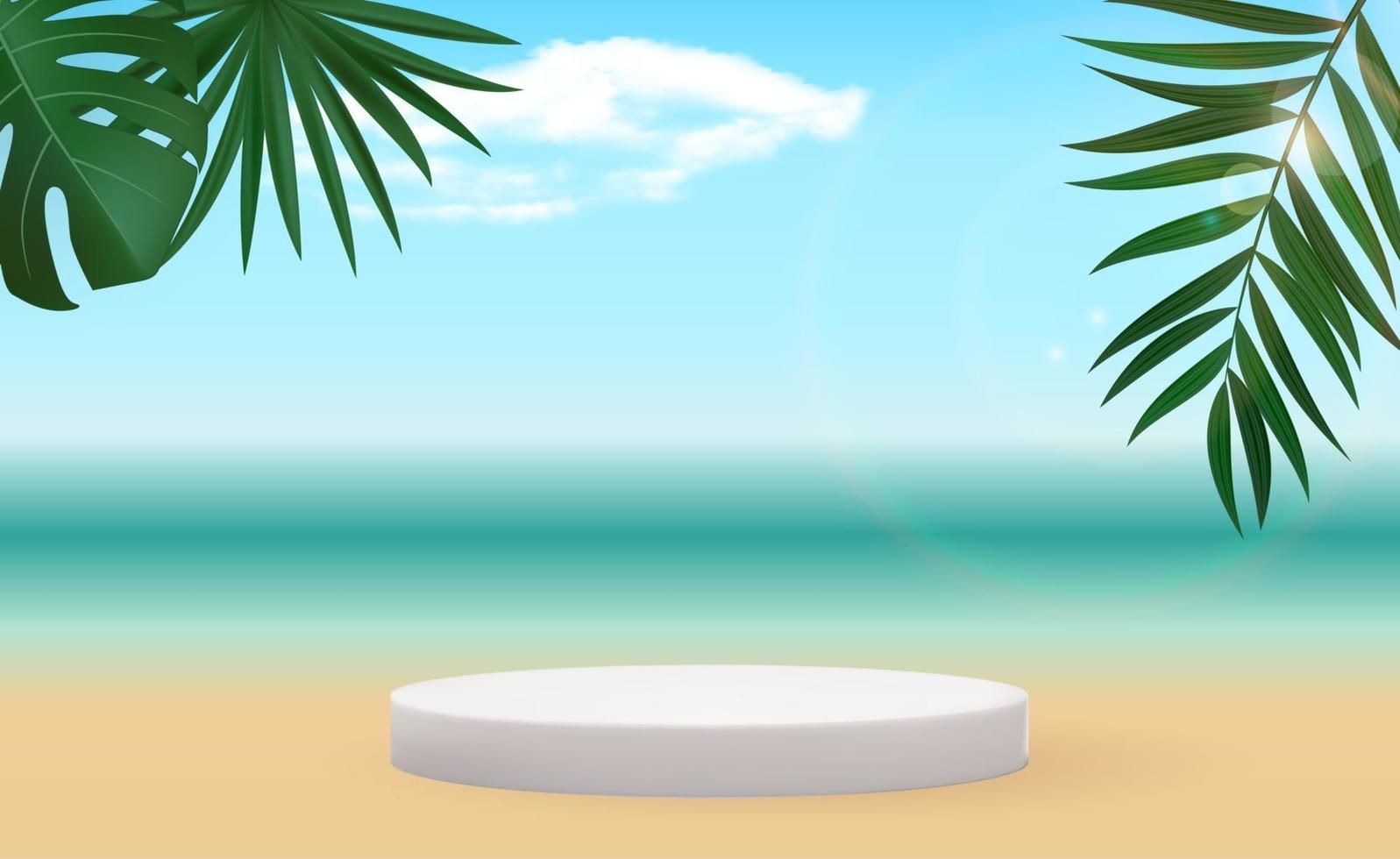 Realistic 3d pedestal over sunny background with palm leaves. vector