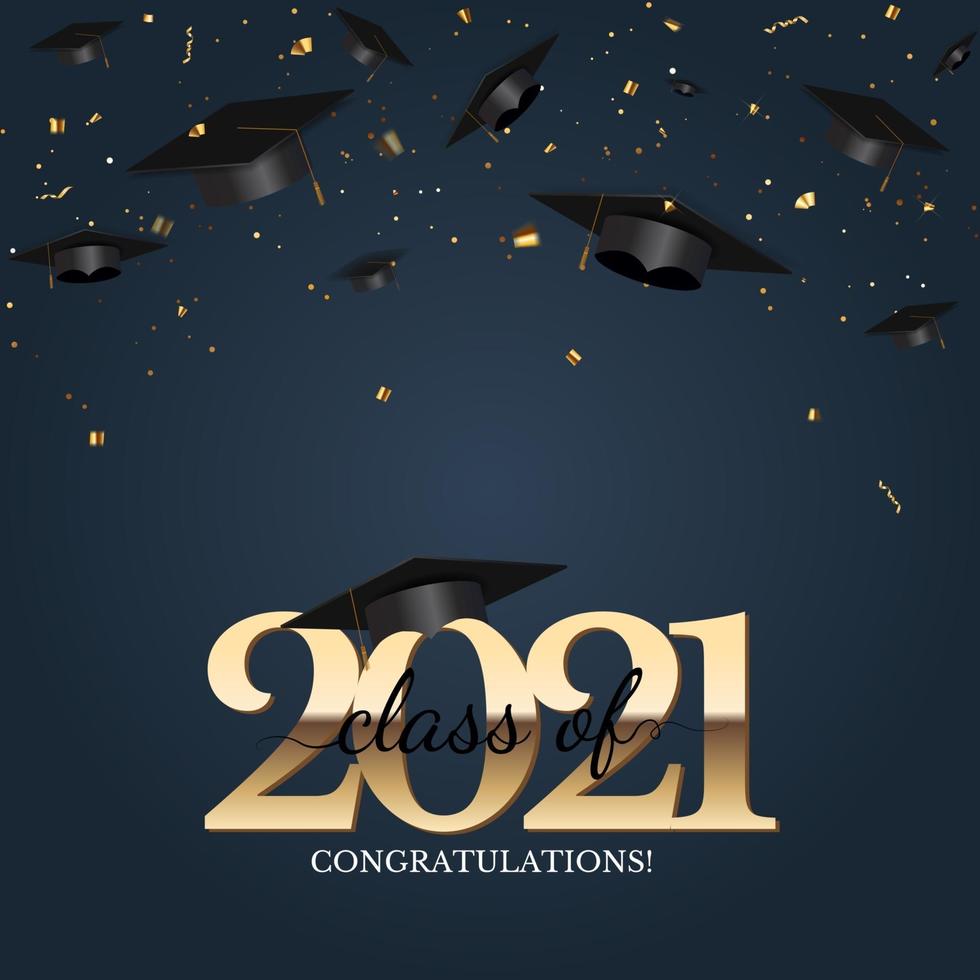 Graduation class of 2021 with graduation cap and confetti vector