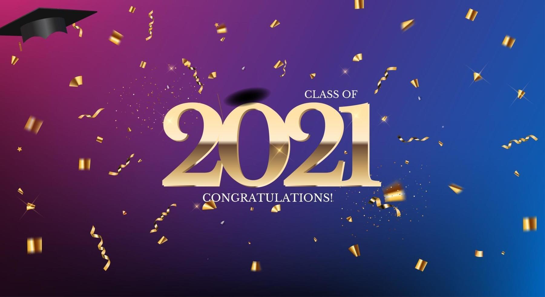 Graduation class of 2021 with graduation cap and confetti vector