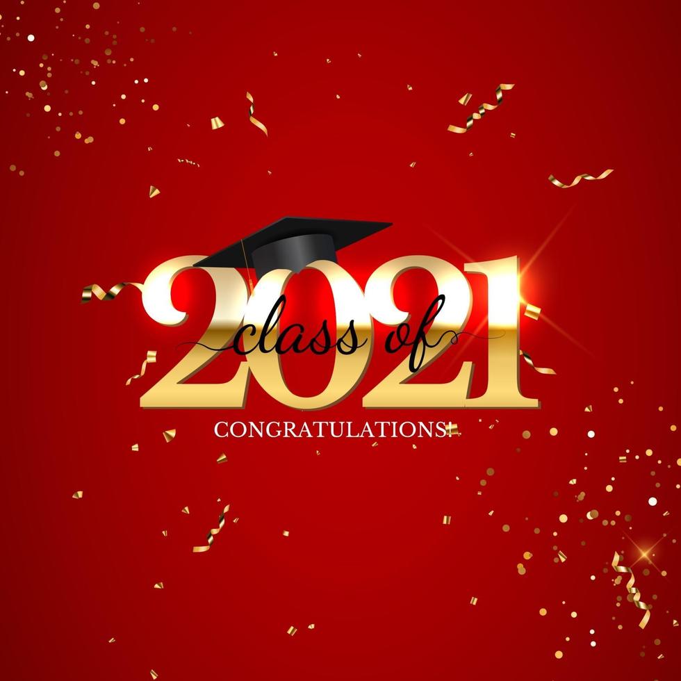 Graduation class of 2021 with graduation cap and confetti vector