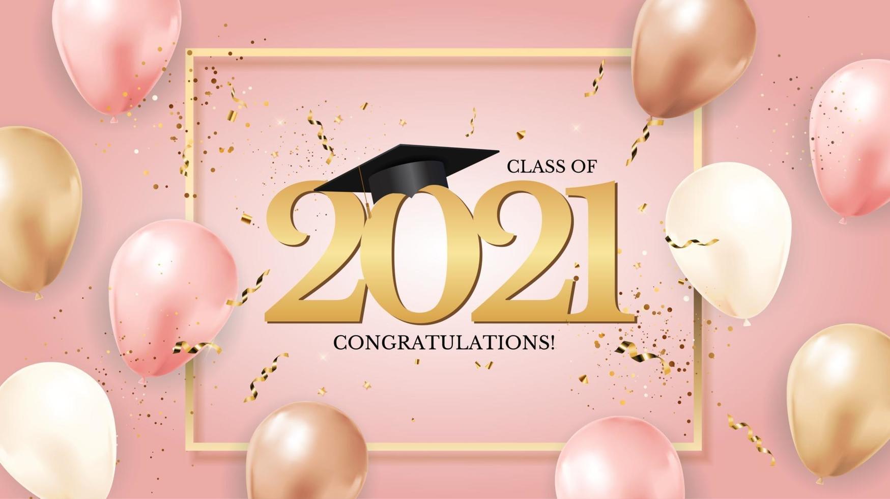 Graduation class of 2021 with graduation cap and confetti vector