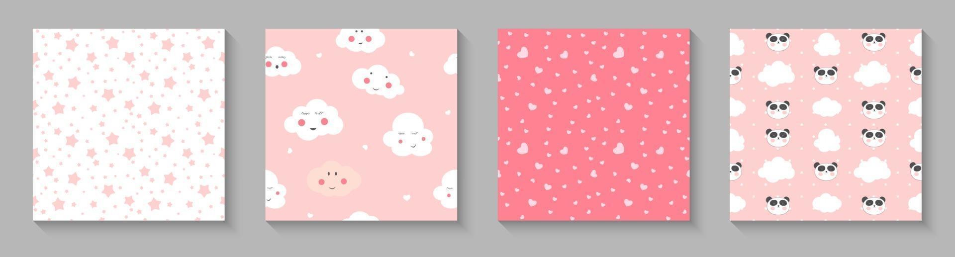 Cute child seamless pattern with panda hearts and clouds for card and shirt design vector