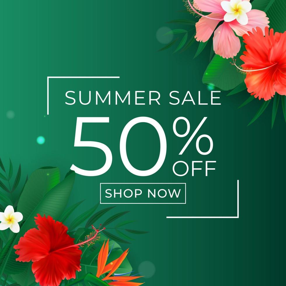 Summer sale poster Natural Background with Tropical Palm Leaves and exotic flower vector