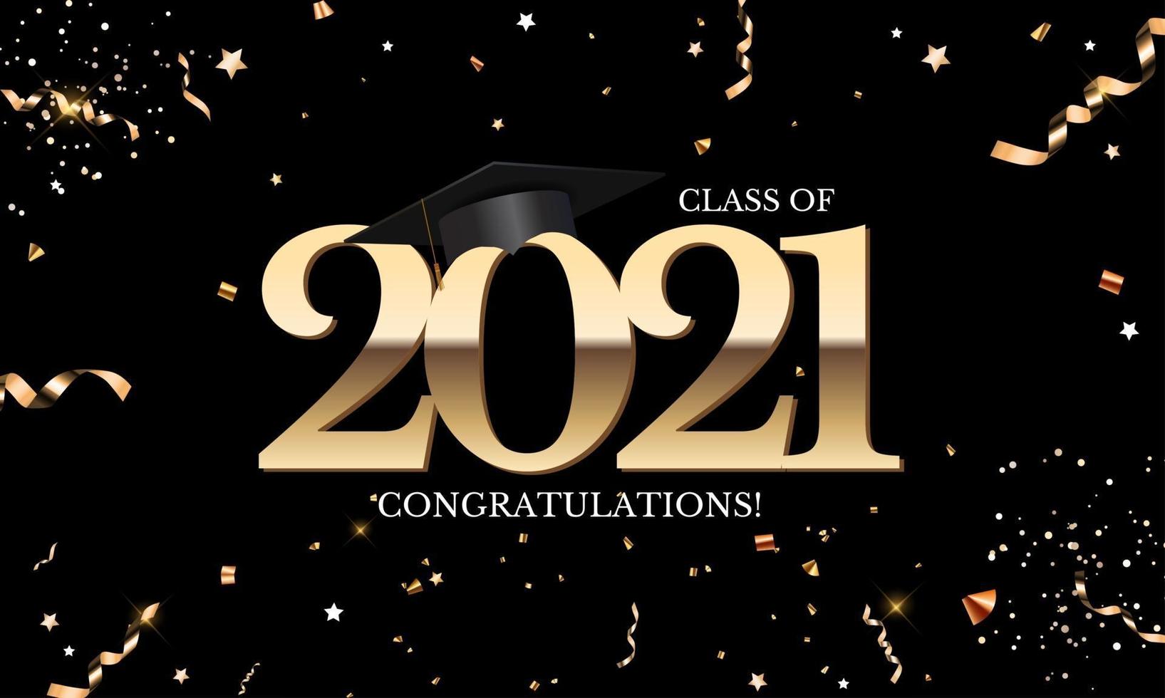 Graduation class of 2021 with graduation hat, confetti and golden ribbon vector