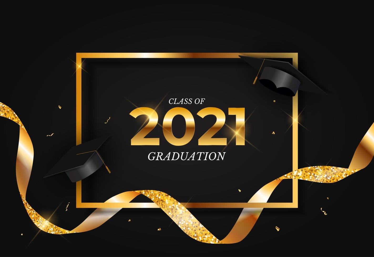 Graduation class of 2021 with graduation hat, confetti and golden ribbon vector